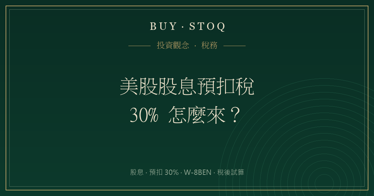 美股股息預扣稅示意，股息在入帳前先被扣走一截，旁邊標注 W-8BEN 表格與稅後金額