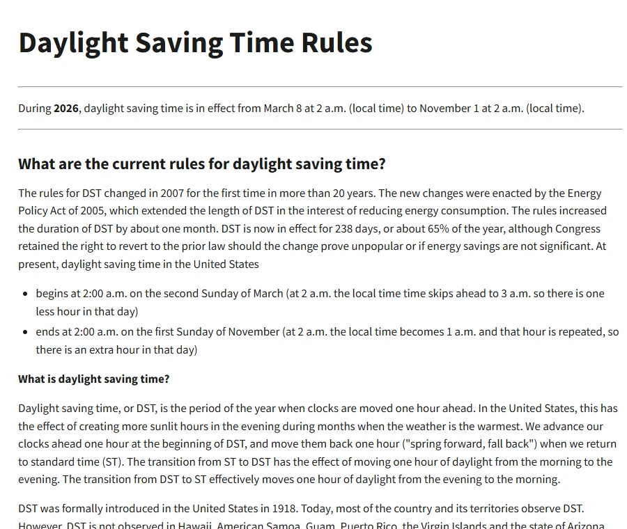 NIST Daylight Saving Time Rules 頁面，寫明 2026 年美國夏令時間從 3 月 8 日凌晨 2 點到 11 月 1 日凌晨 2 點，以及 3 月第二個週日開始、11 月第一個週日結束的規則