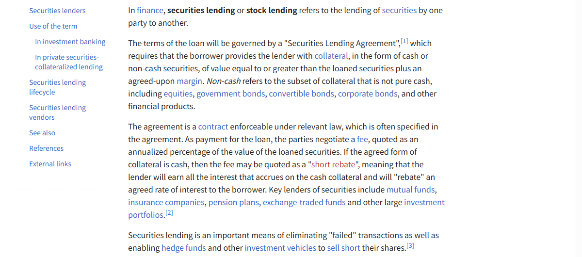 維基百科 Securities lending 條目正文，說明借券須提供擔保品、費用以年化百分比報價