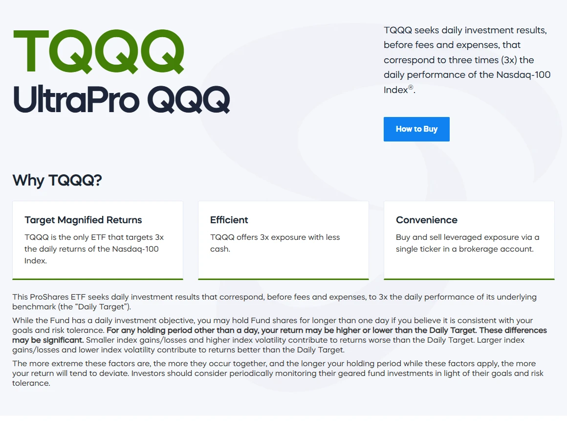 ProShares TQQQ 產品頁，寫明追求 Nasdaq-100 指數「每日」表現的 3 倍，持有超過一天報酬可能明顯高於或低於 3 倍
